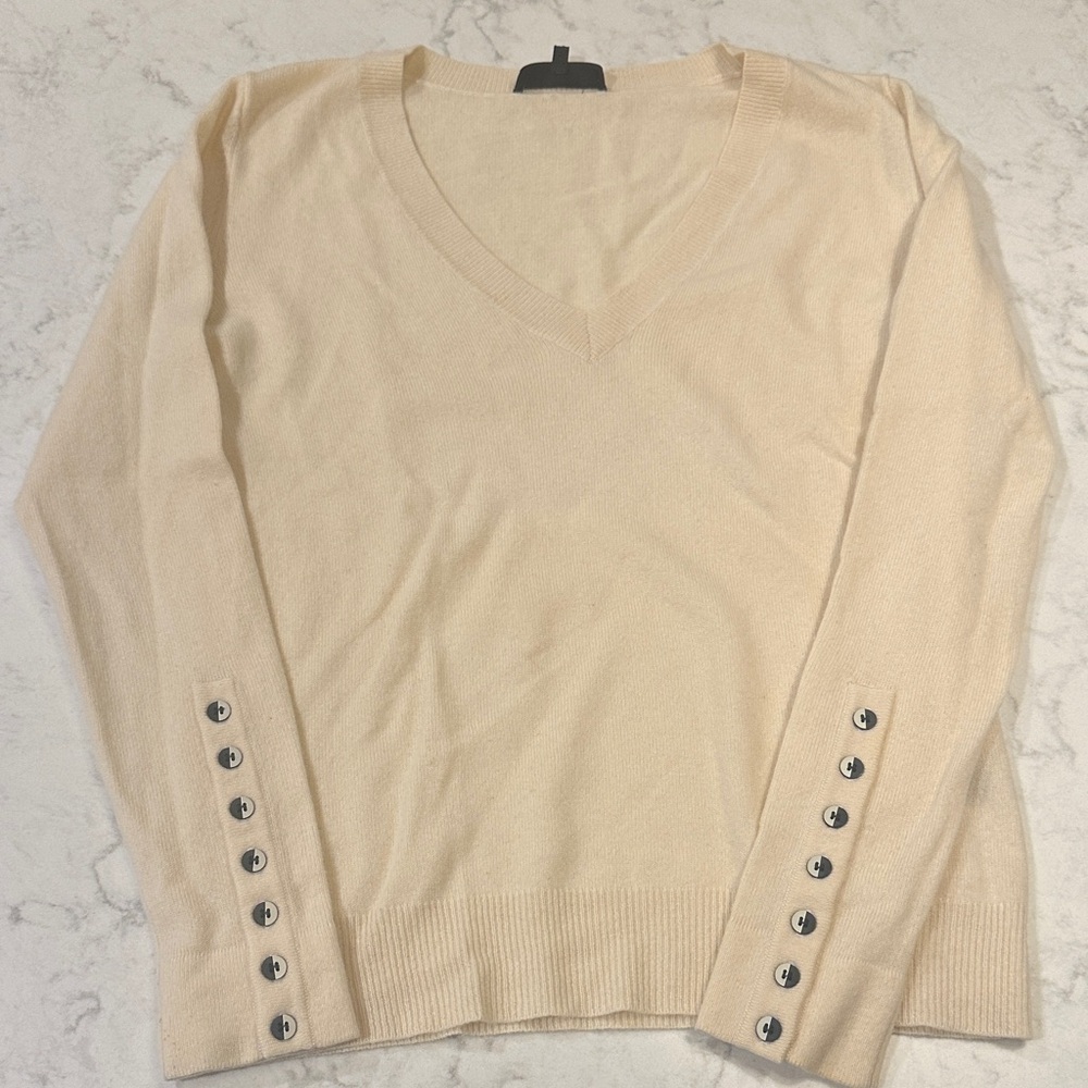 Kelly Wearstler Cream Cashmere V-Neck Sweater with Button Detail
